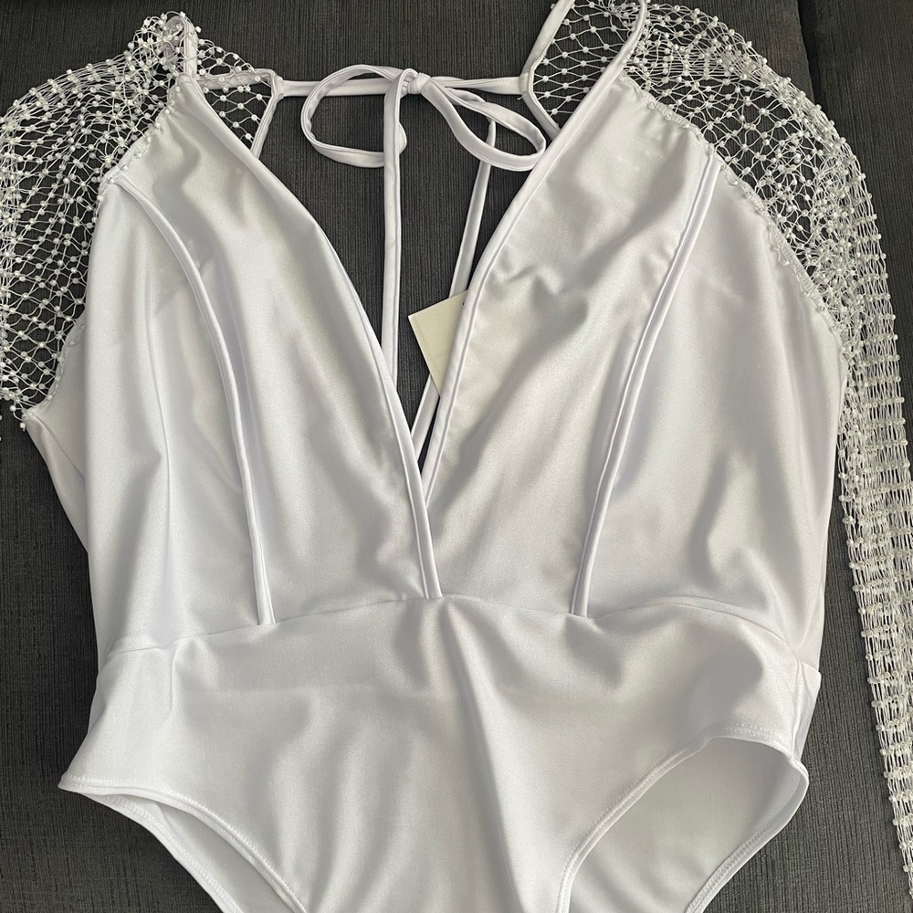 White Bodysuit with fishnet rhinestone sleeves